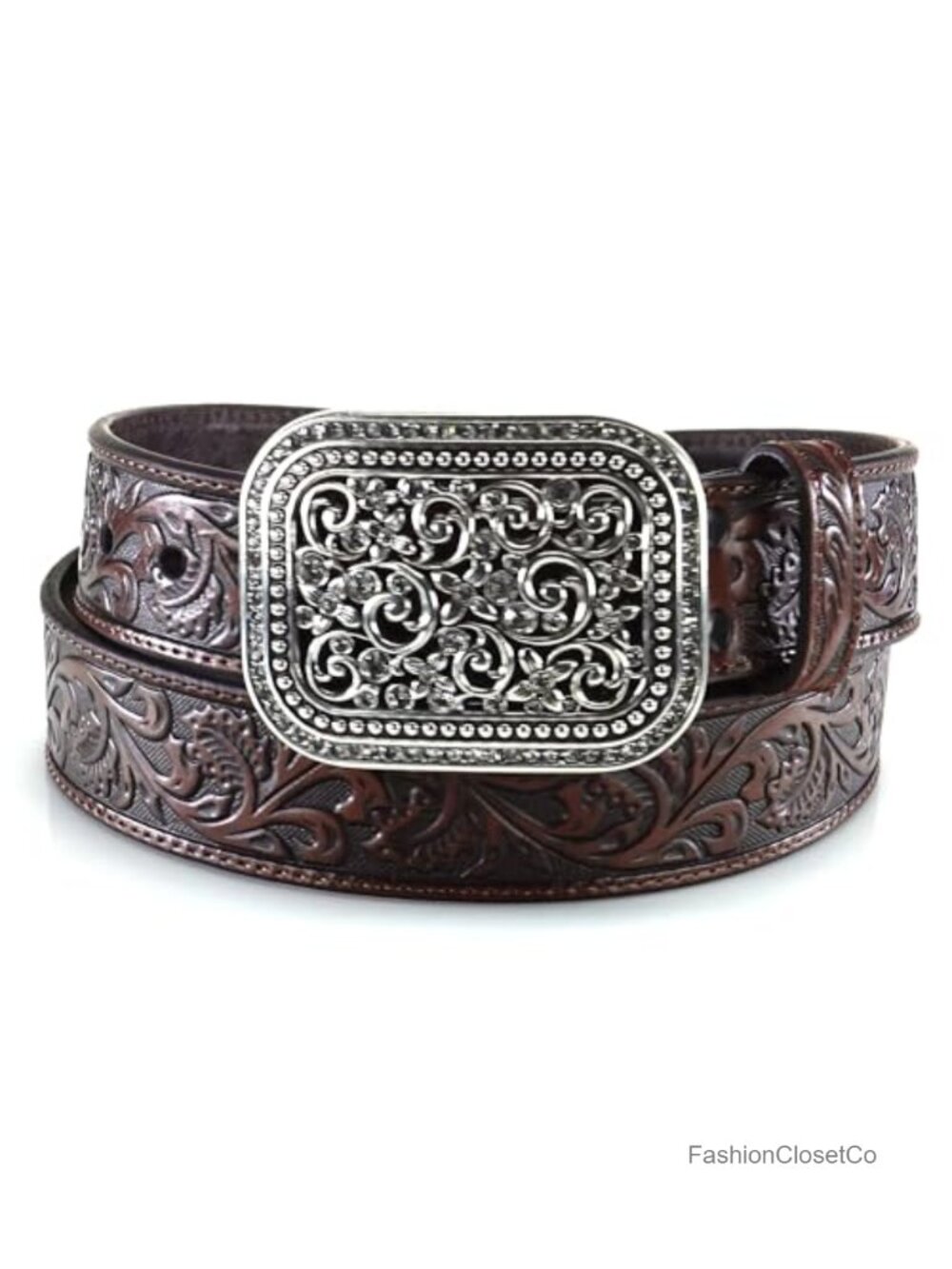 Rhinestones Embossed Leather Belt Ornate Silver Buckle Western Style
